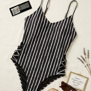 CupShe Black Striped Side Cut-Out One Piece Swimsuit Size Medium